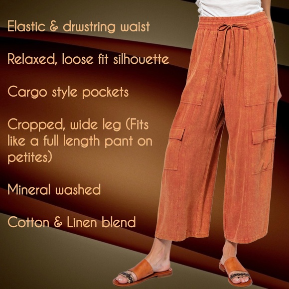 EASEL "Linen Lounge" Cotton Blend Mineral Washed Wide Leg Pants W/ Cargo Pockets - Picture 4 of 15